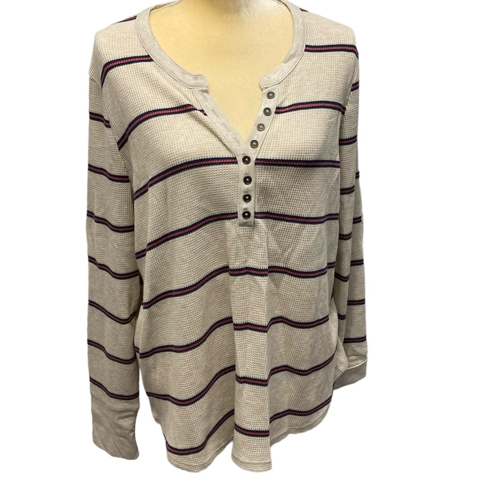 Market & Spruce Women's Waffle Knit Henley Shirt Tan with Stripes long sleeve